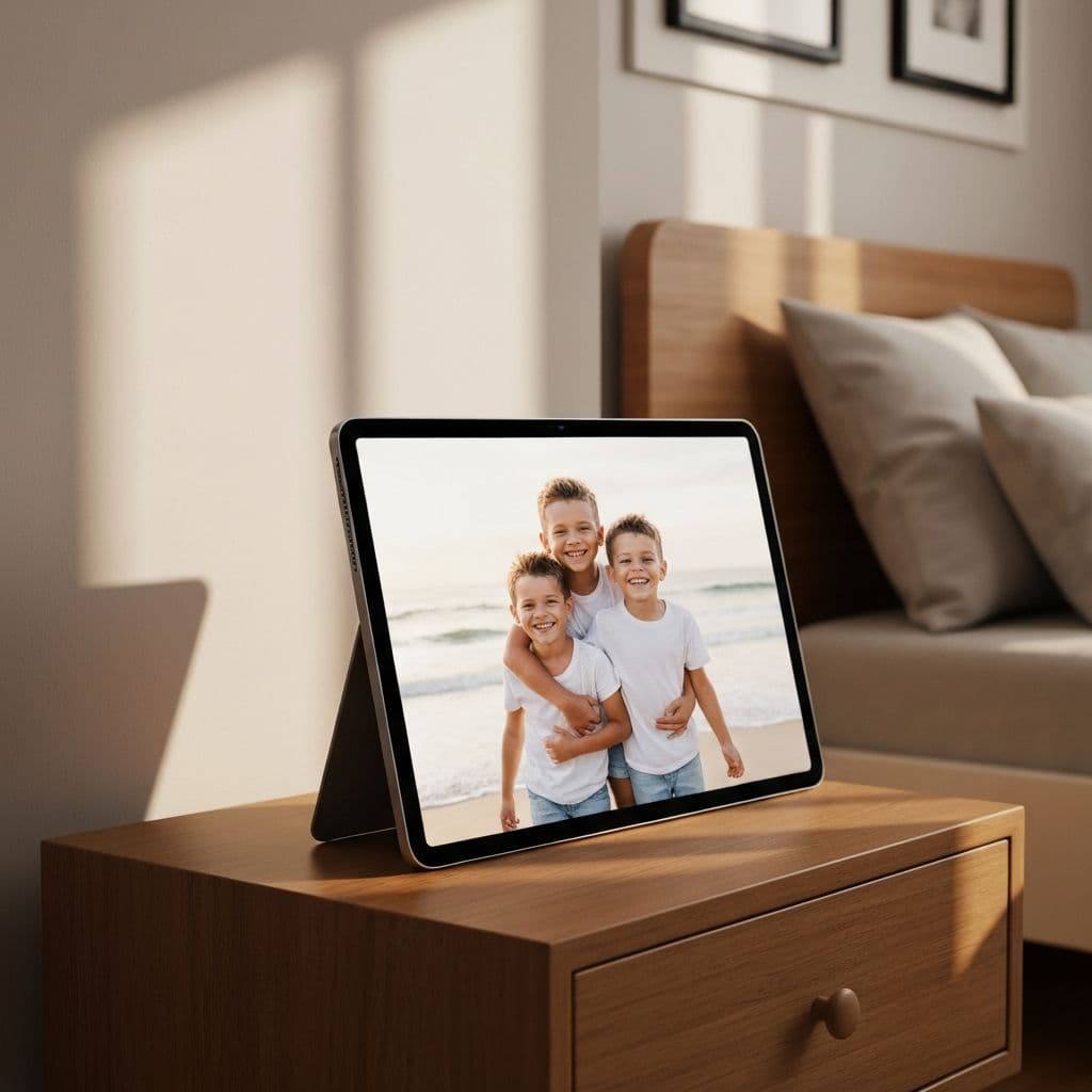 MemoryBank in photo screensaver mode displaying family photos in a child's bedroom