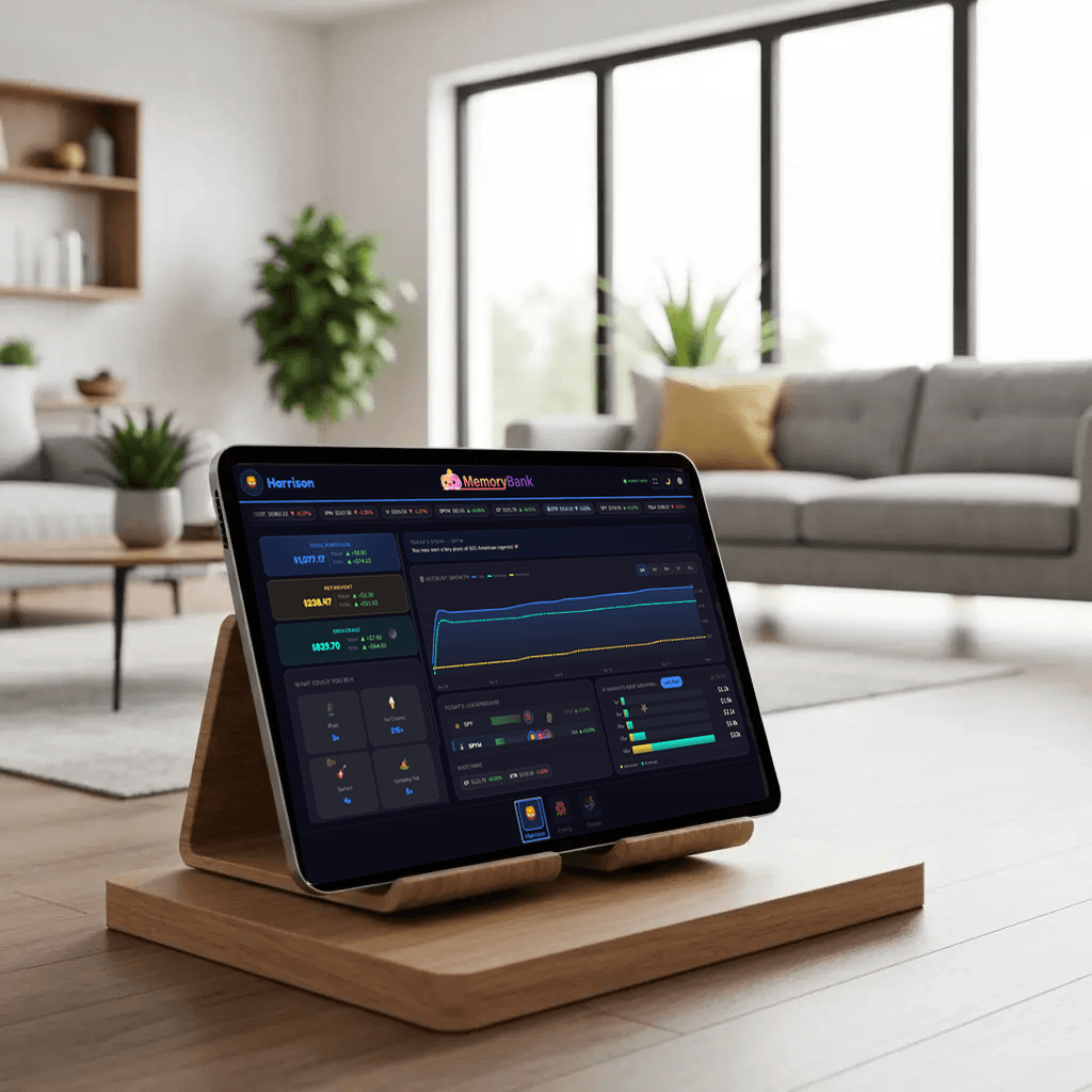 MemoryBank showing the kid's investment dashboard in a living room